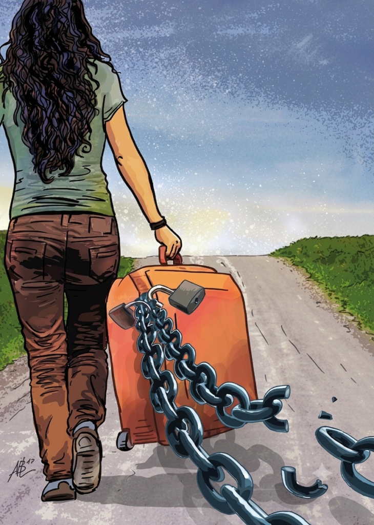 Ilustración de una mujer de espaldas caminando por un sendero con una maleta atada a cadenas pesadas y candados.