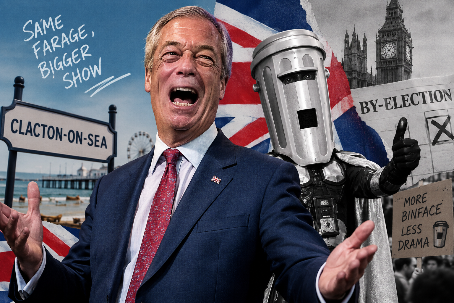 Nigel Farage y Count Binface en la elección parcial de Clacton de 2026.
